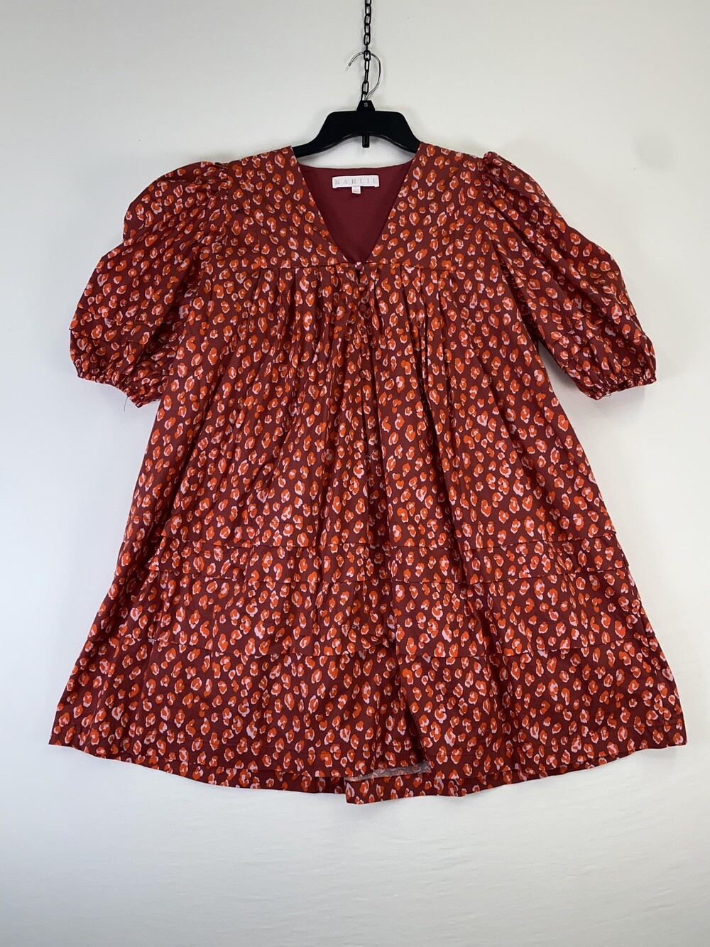 Karlie Dress Womens Large Red Floral Puff Sleeve V Neck Swing Short Trapeze Mini
